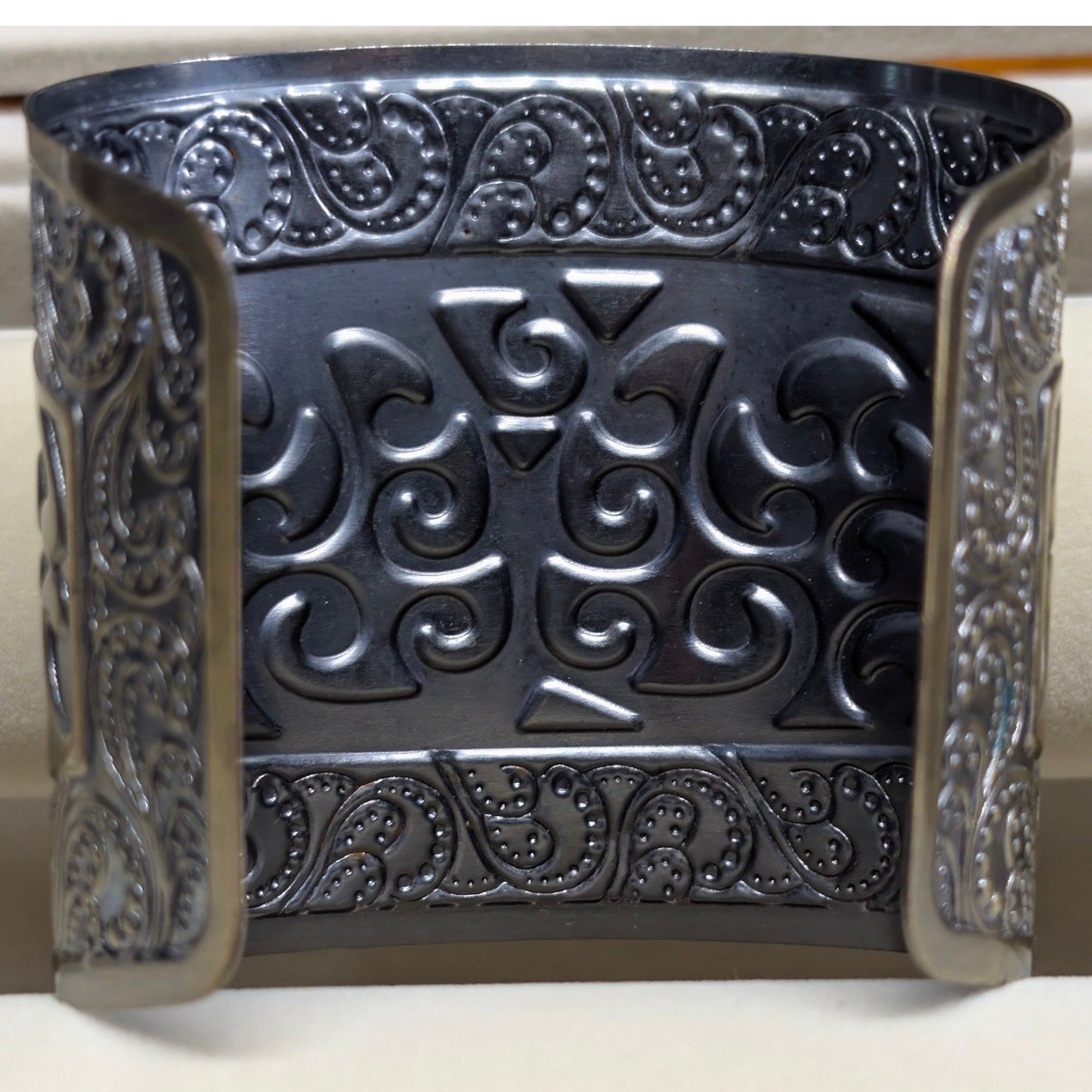 Vintage Ornate Filigree Cuff Bracelet Bronze Gold Silver Tones Mixed Metal Wide