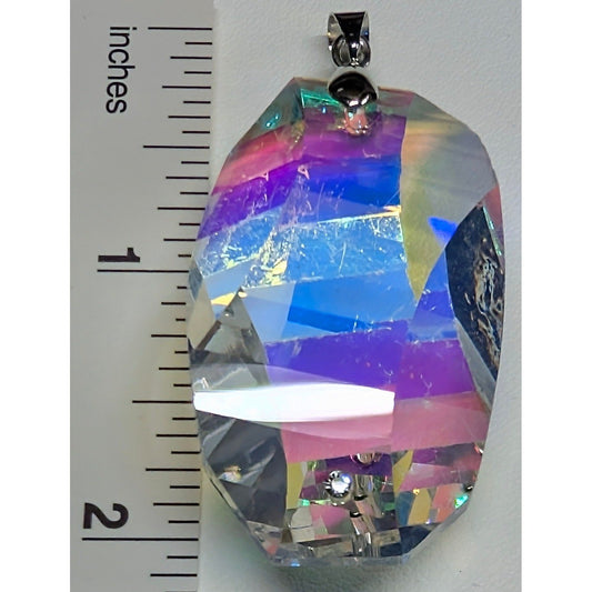New 2+" Crystal Aurora Borealis Pendant AB Iridescent Large Faceted Silvertone