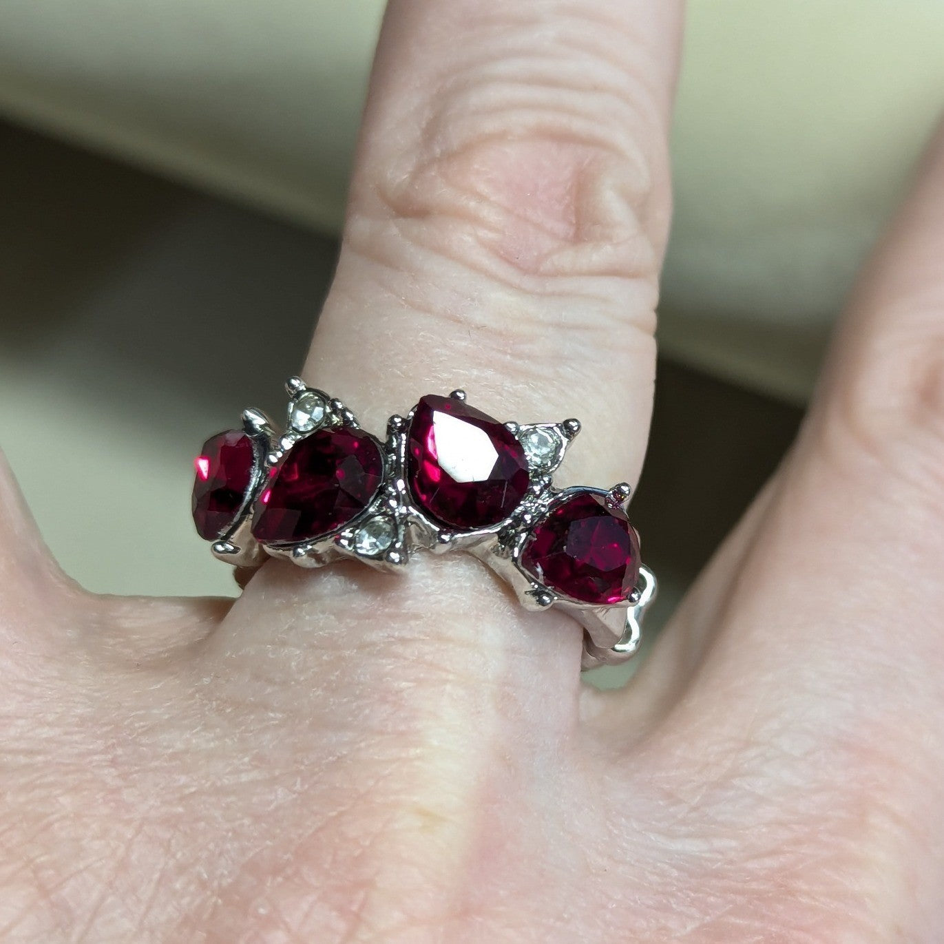 New Red Clear Rhinestone Stretch Ring Silvertone Pear Cut Teardrop Plus Size