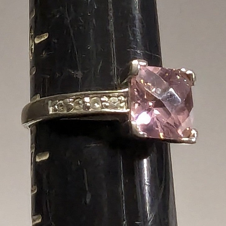 Sterling Silver 925 Pink Stone Ring Size 6.5 Square Cut Faceted Clear Rhinestone