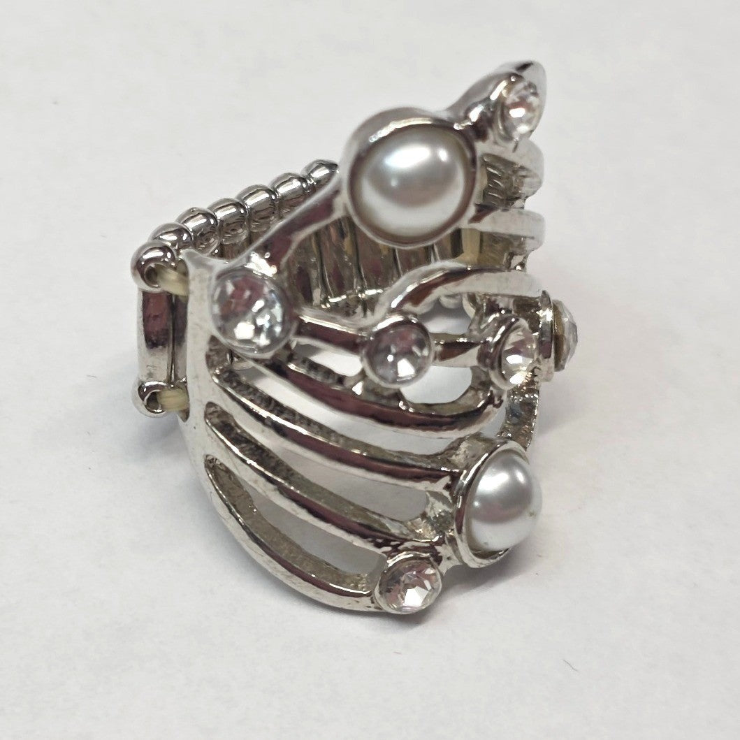 New Faux Pearl Clear Rhinestone Stretchy Ring Plus Size Silver Tone Swirl Design