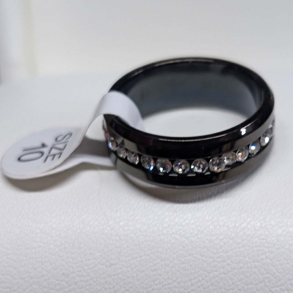 NEW Crystal Eternity Ring PLus Size 10 Black Band Clear Rhinestones Wedding Gift