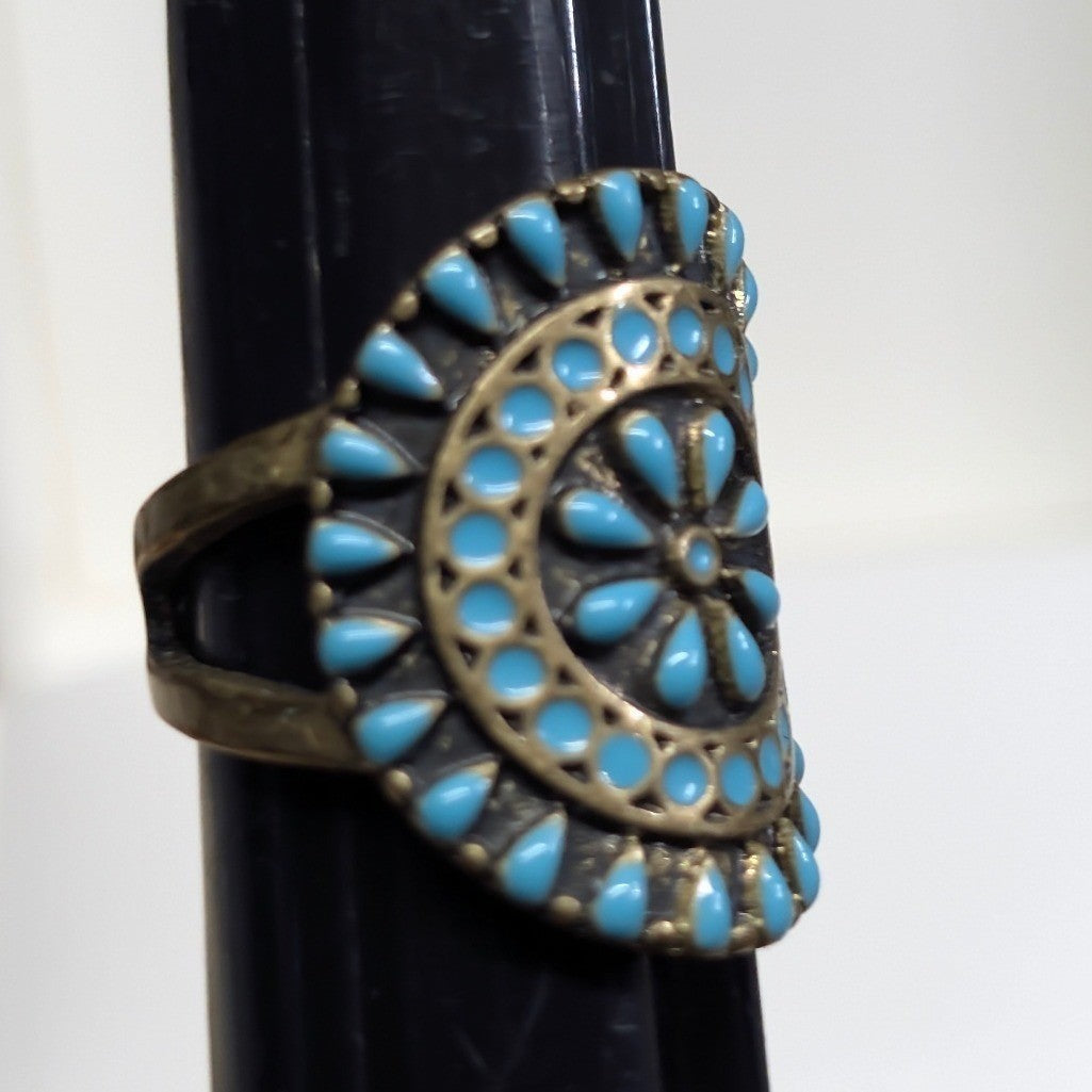 Vintage Statement Oval Turquoise Faux Stone Ring Size 6.5 Brass Tone Boho Ethnic