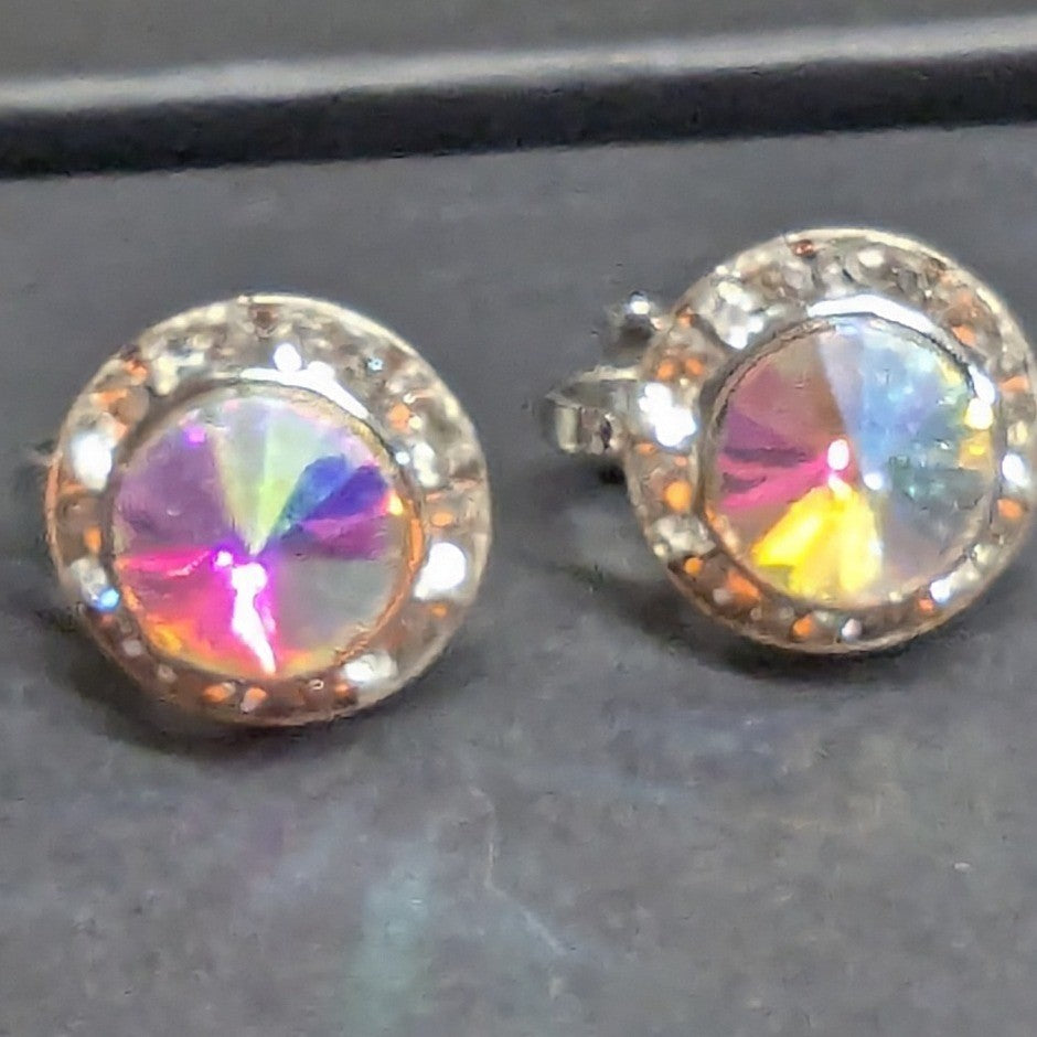 New Clip On Earrings Silver PLated Aurora Borealis AB Crystal Halo Round Wedding