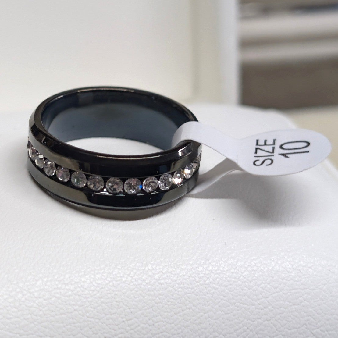 NEW Crystal Eternity Ring PLus Size 10 Black Band Clear Rhinestones Wedding Gift