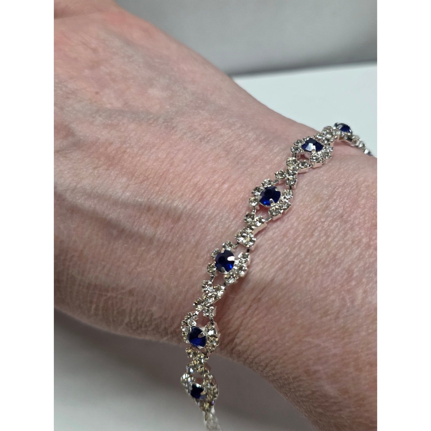 New Blue Clear Rhinestone Tennis Bracelet Silver Tone Formal up to 9 Inches Prom