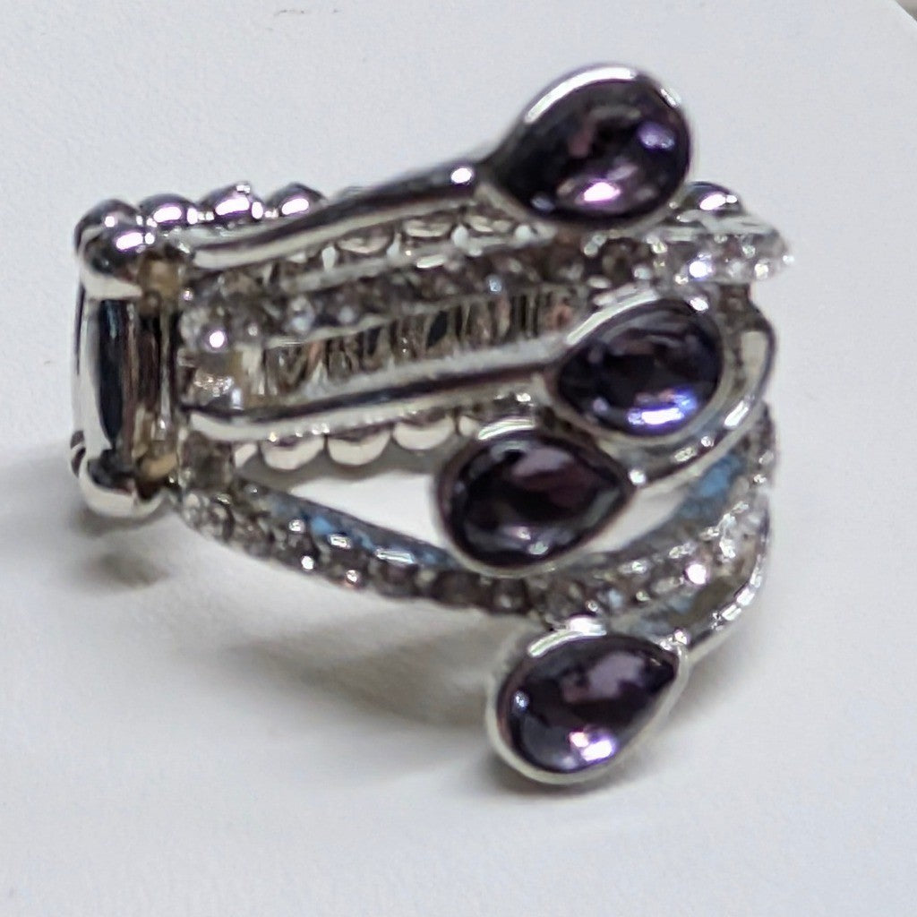 New Purple Teardrop Rhinestone Stretch Ring Purple Tear Drop Clear Silver Tone