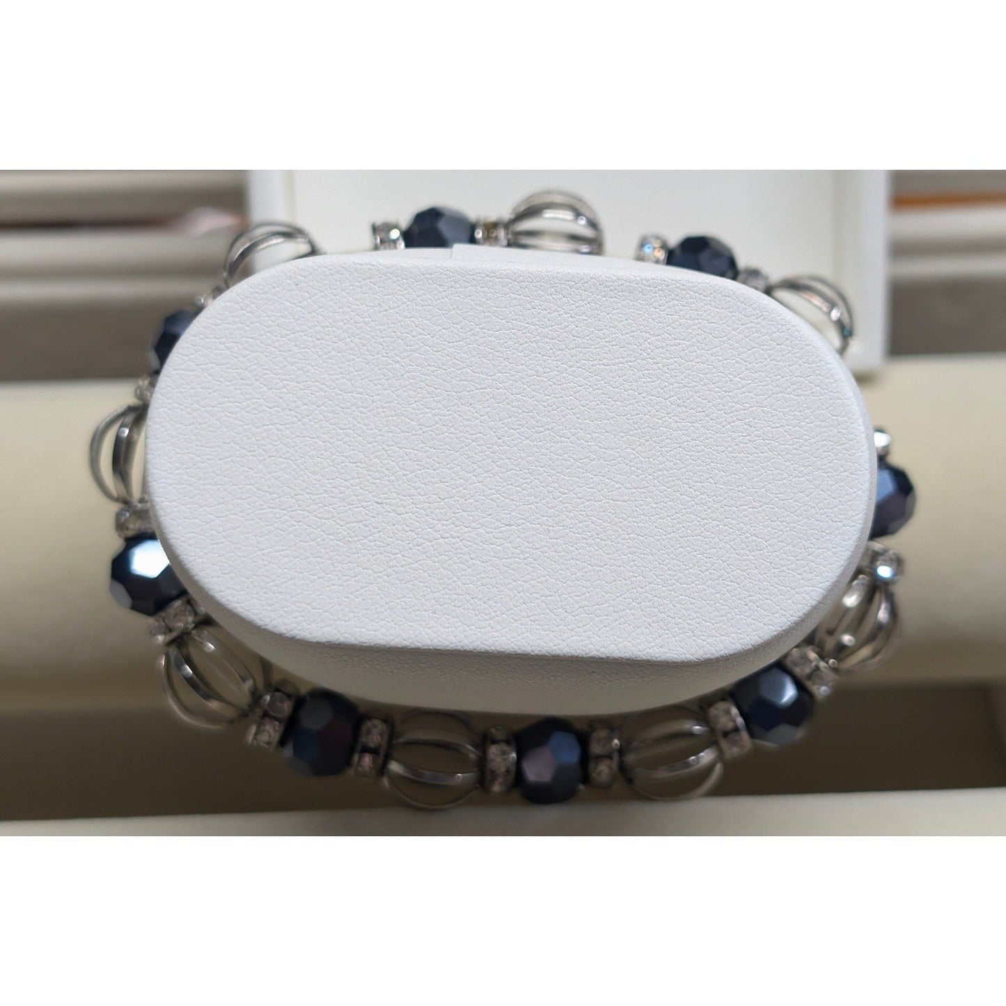New Beaded Stretch Bracelet Silver Tone Blue Faceted Clear Rhinestone Cage Beads