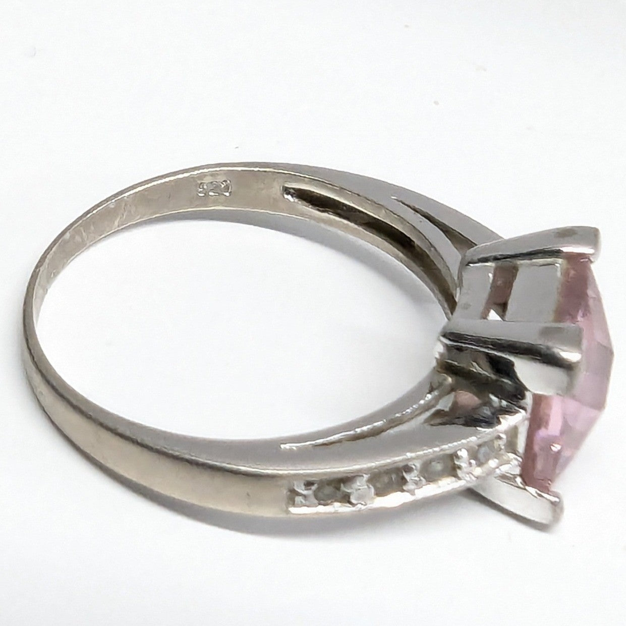 Sterling Silver 925 Pink Stone Ring Size 6.5 Square Cut Faceted Clear Rhinestone