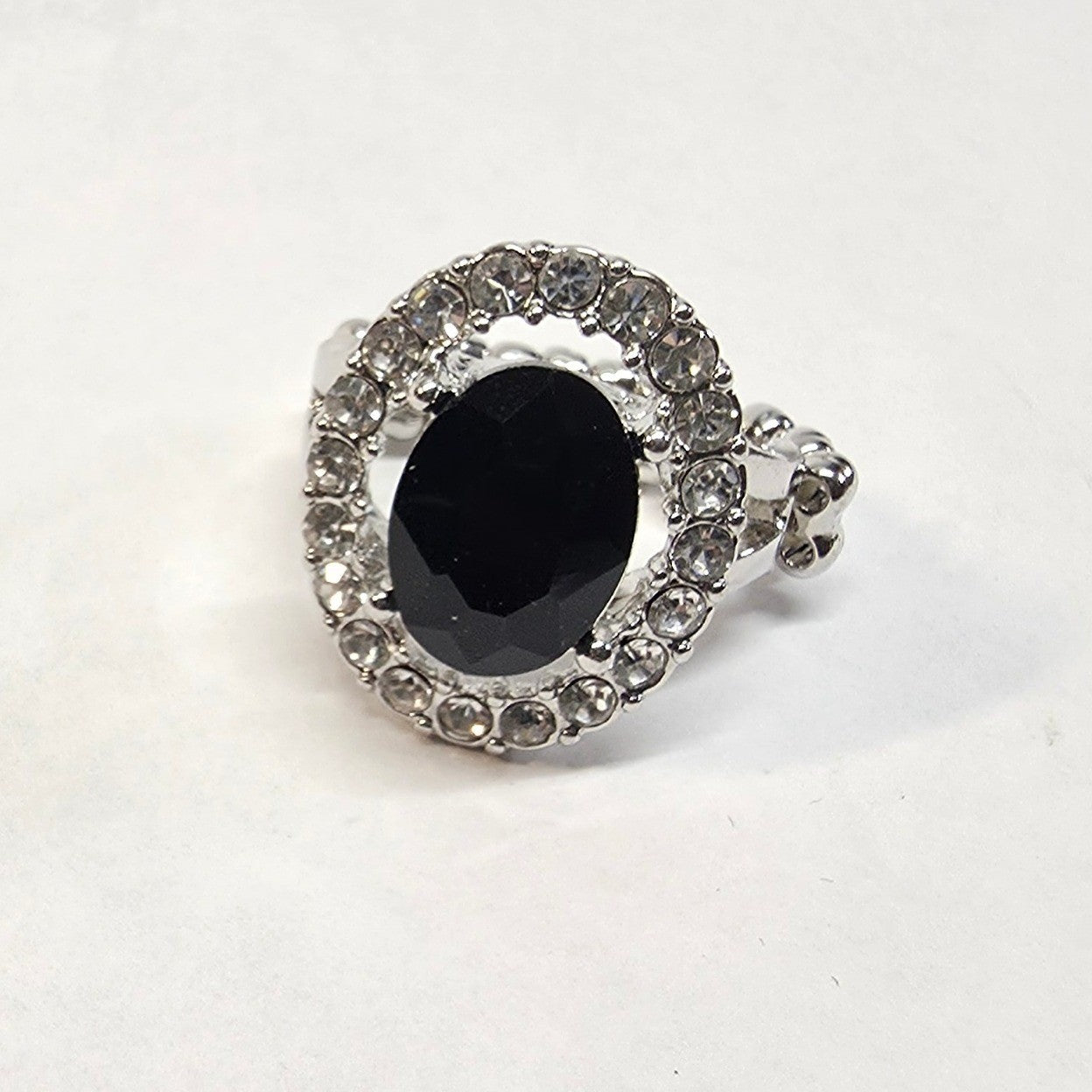 New Statement Cocktail Ring Stretch Black Oval Faceted Stone Clear Rhinestone