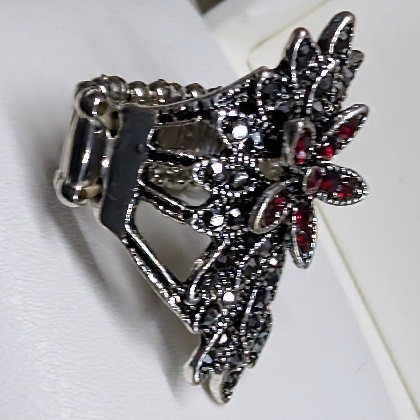 New Flower Statement Ring Black Red Rhinestone Stretch Band PLus Size Chunky