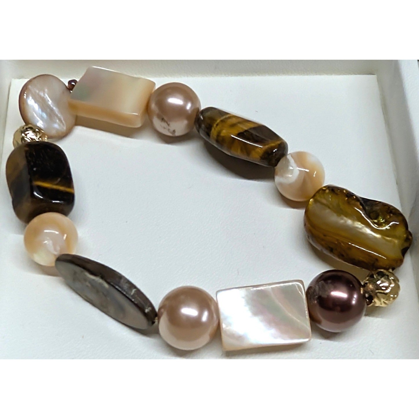 Vintage Tiger Eye Mother of Pearl Stretch Bracelet Brown Earthy Beaded Beads