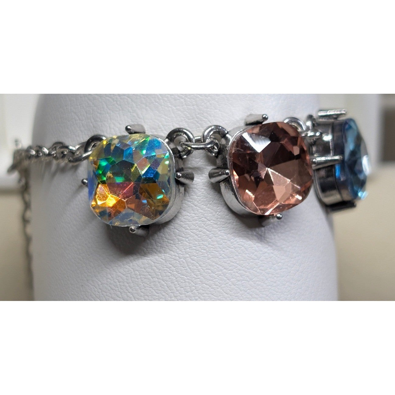 New Multicolor Crystal Link Bracelet Silver Tone Iridescent AB Aurora Borealis