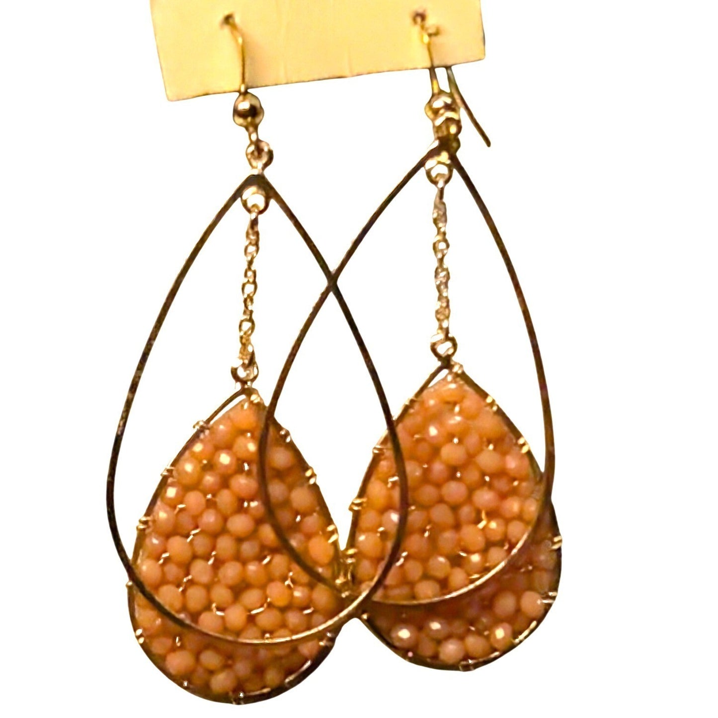 Vintage Double Teardrop Earrings Cold Beads Peach Gold Tone Beaded Dangle Drop