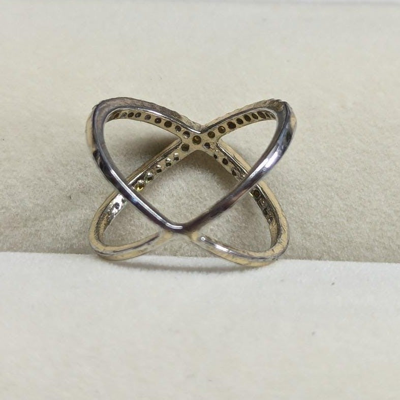 Clear Rhinestones Crystal X Ring Size 7 SilverTone Pave Criss Cross Crossover