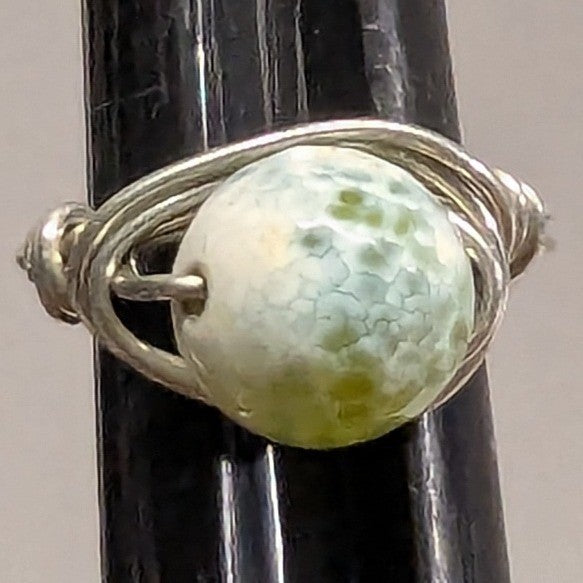 Handmade Wire Wrapped Ring Womens Size 6.5 Green White Agate Spinning SilverTone