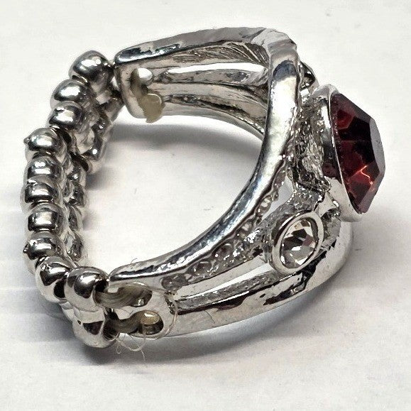New Red Clear Round Rhinestone Stretch Band Ring Plus size Silver Tone