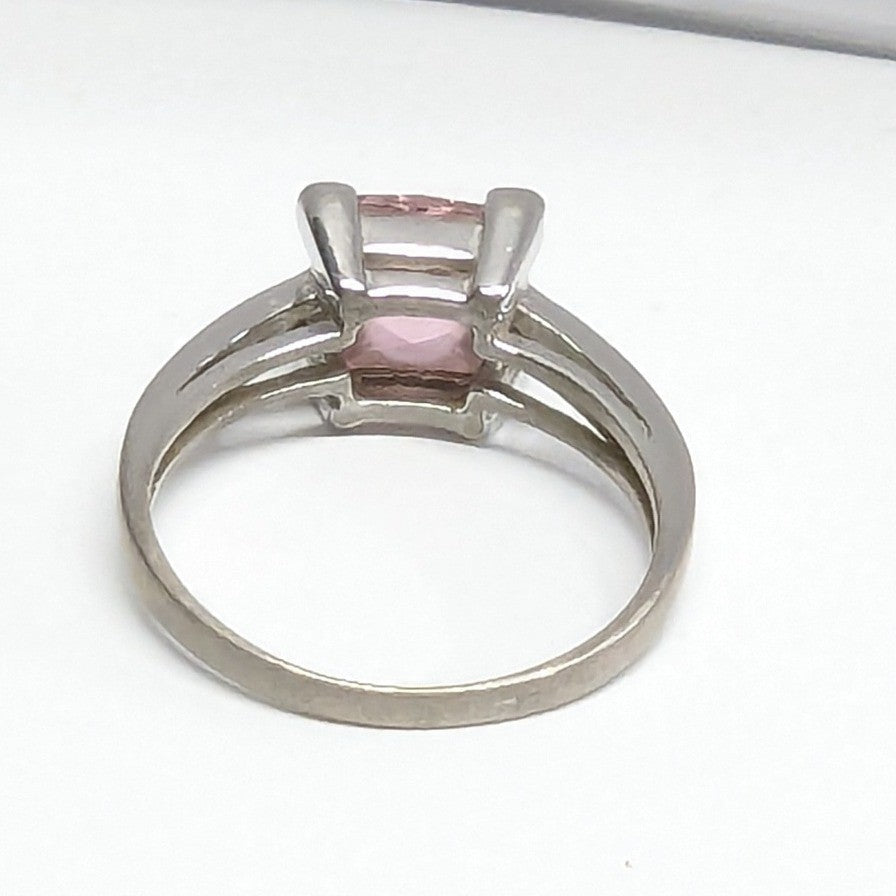 Sterling Silver 925 Pink Stone Ring Size 6.5 Square Cut Faceted Clear Rhinestone