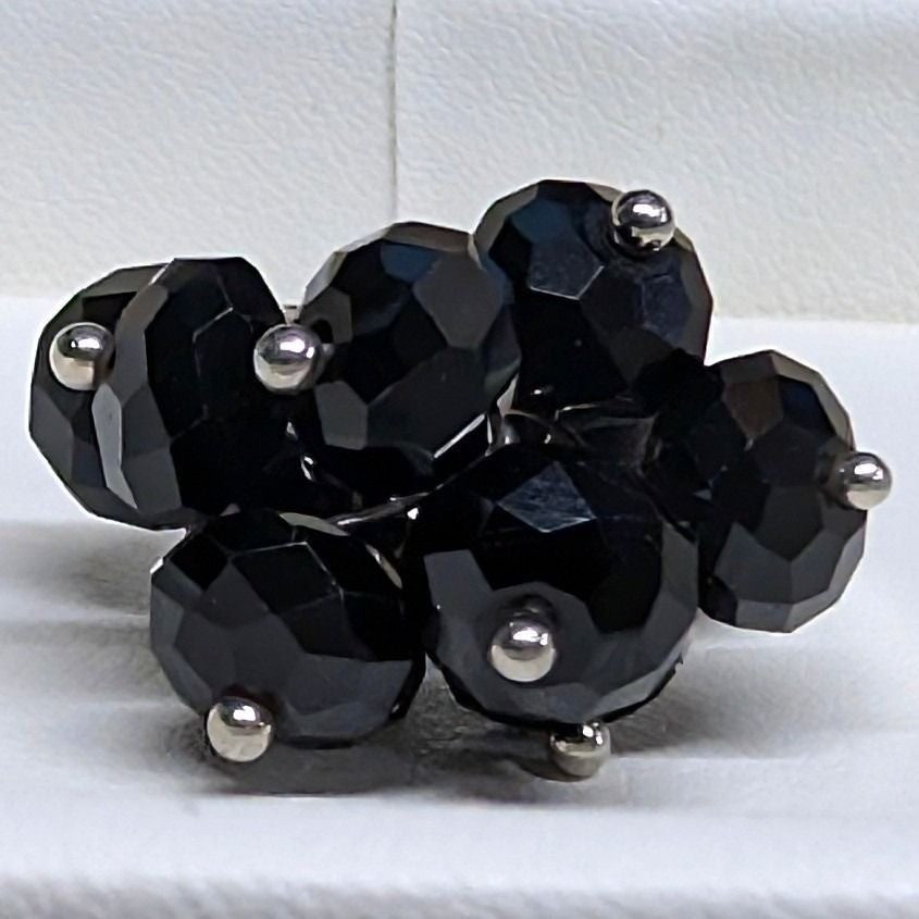 New Black Beaded Cluster Statement Ring Adjustable Faceted Silver Tone Cha Cha