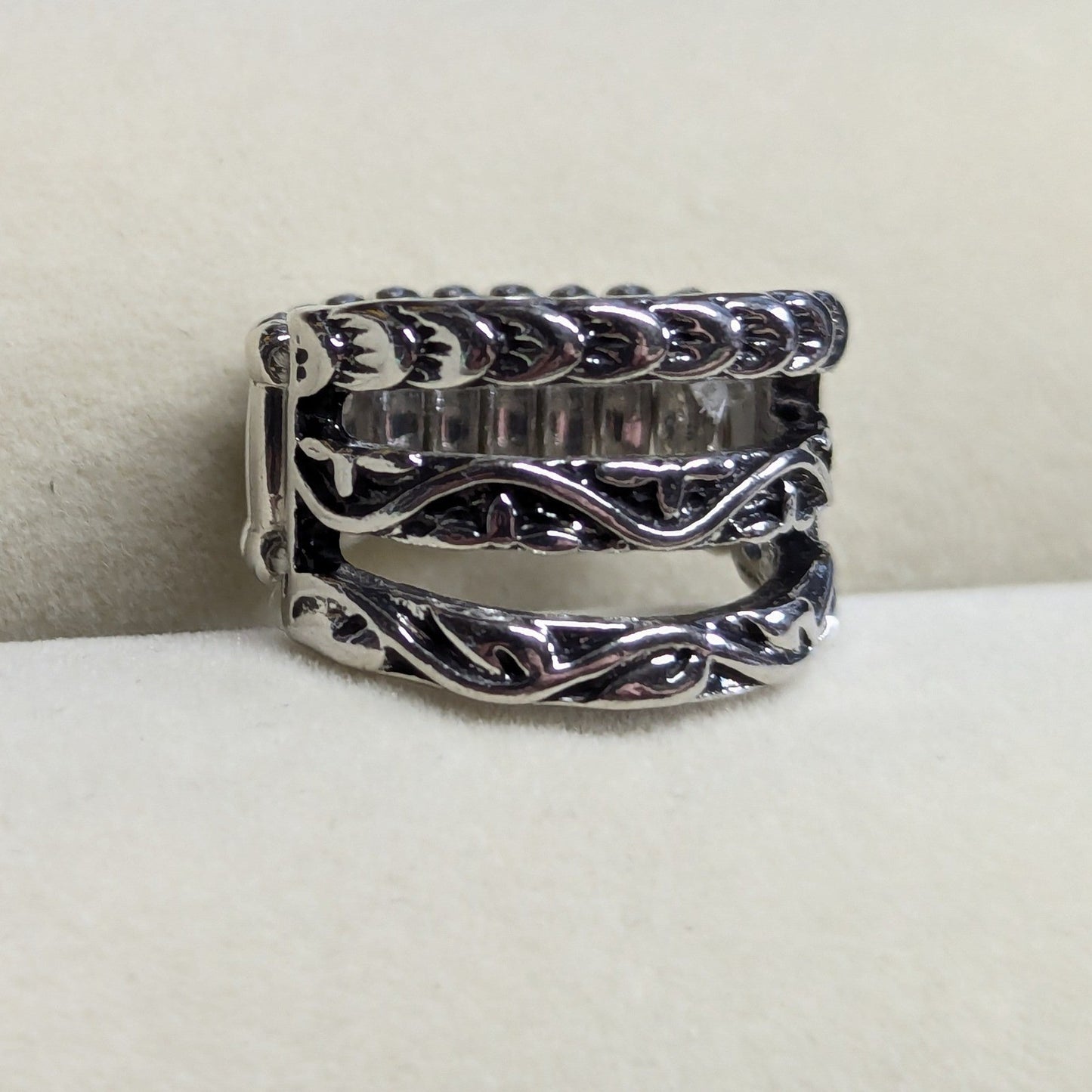 New Filigree Stretchy Ring Silver Tone Wide Band Scroll Design 3 Multi Row Plus