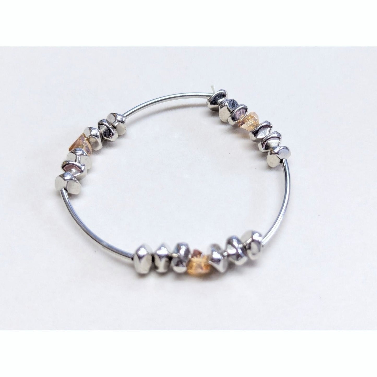New Bangle Stretch Bracelet Silver Tone Amber Crystal Nugget Modernist Bead