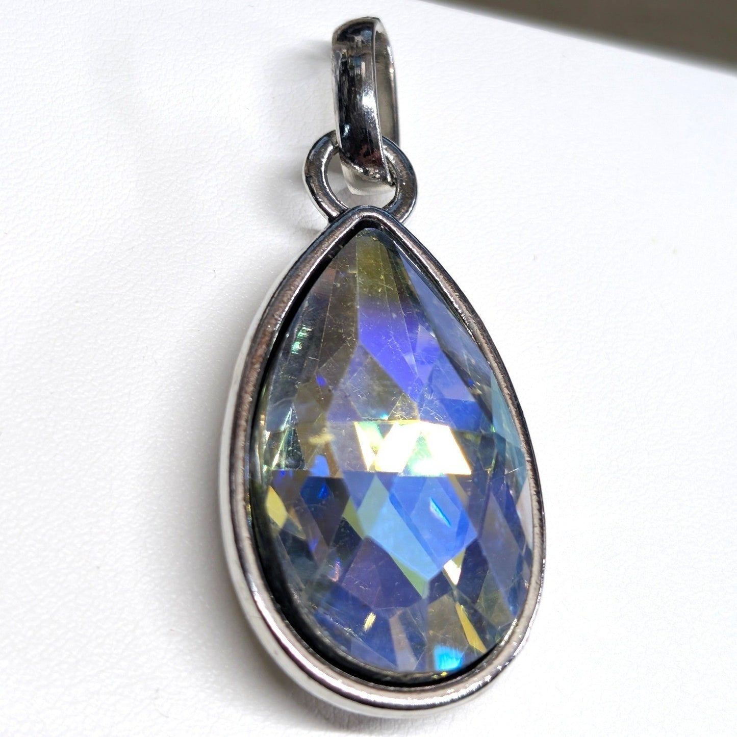New 2.5 Inch Crystal Teardrop Pendant SilverTone Iridescent Aurora Borealis AB