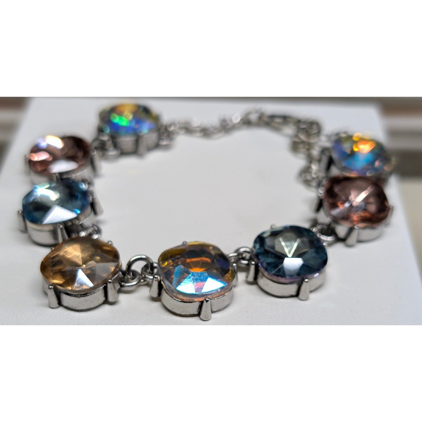 New Multicolor Crystal Link Bracelet Silver Tone Iridescent AB Aurora Borealis