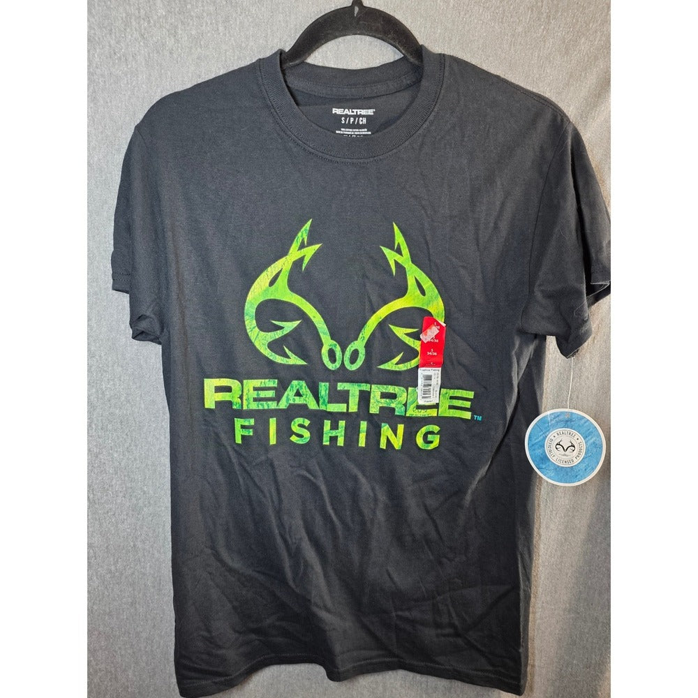 New Realtree Real‎ Tree Fishing T Shirt Mens Small S Black Neon Green Hook Logo