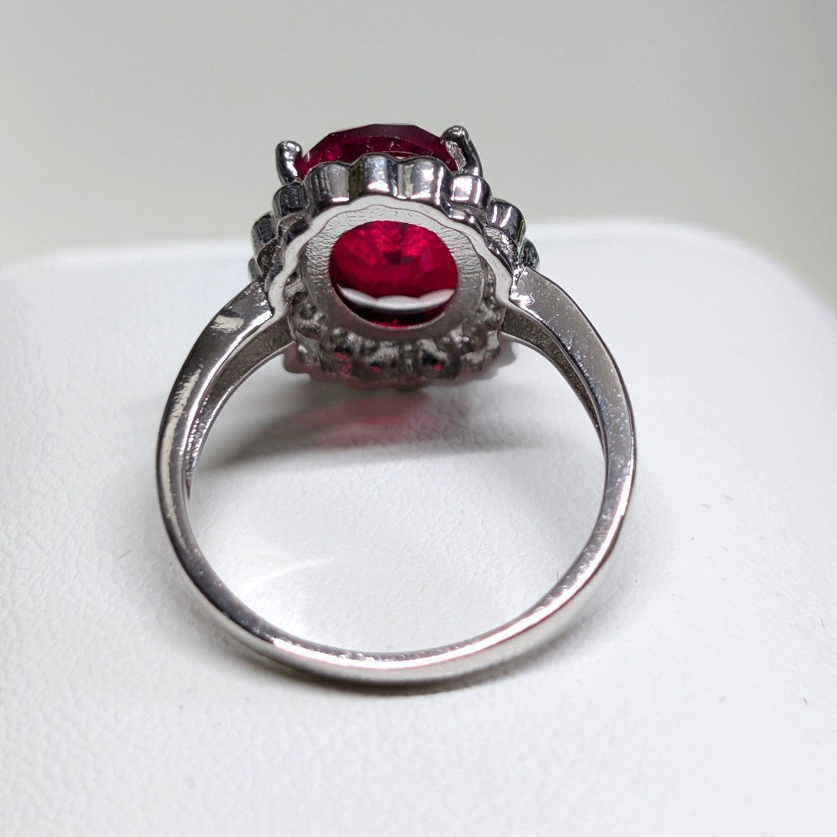 New 925 Marked Red Stone Halo Ring Plus Size 9.5 SilverTone Oval Rhinestones