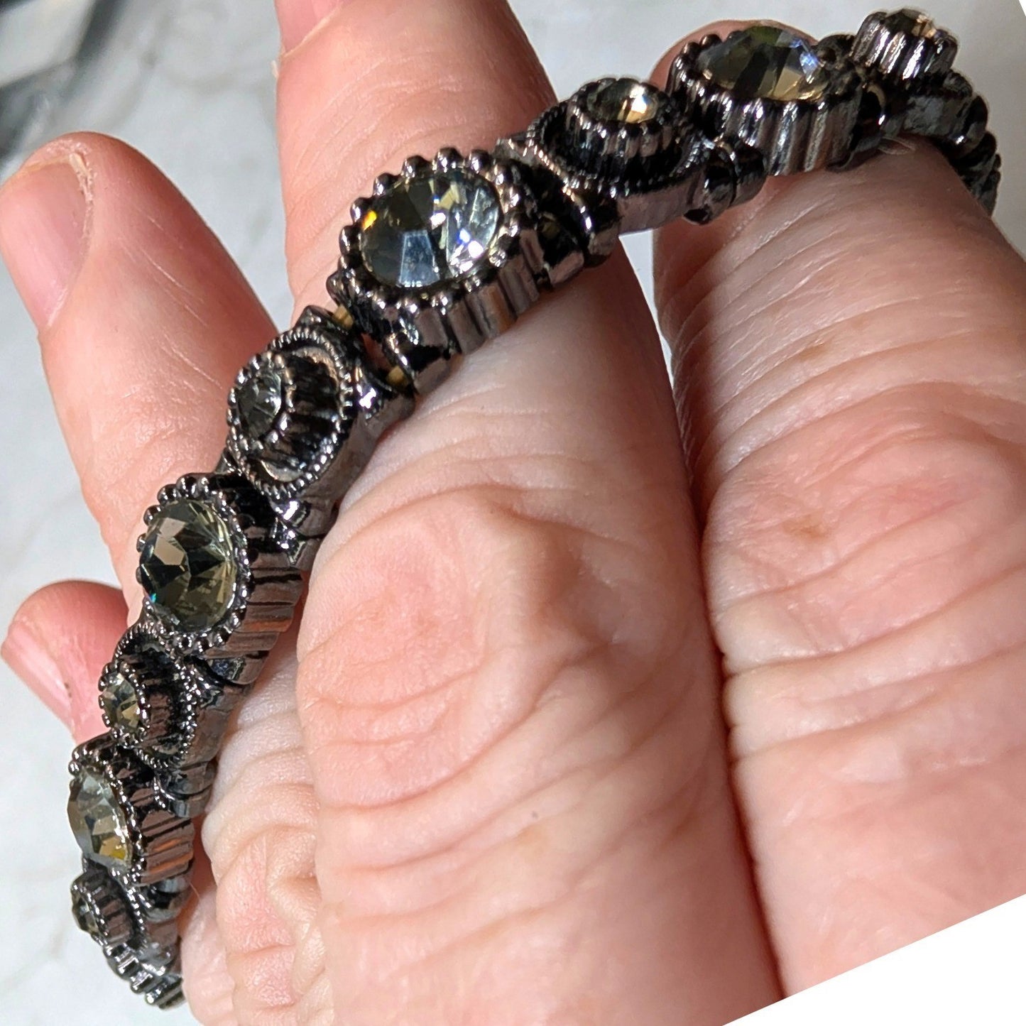 New Stretch Bracelet Gunmetal Gray Round Rhinestones Rainbow Sparkle Gothic Glam