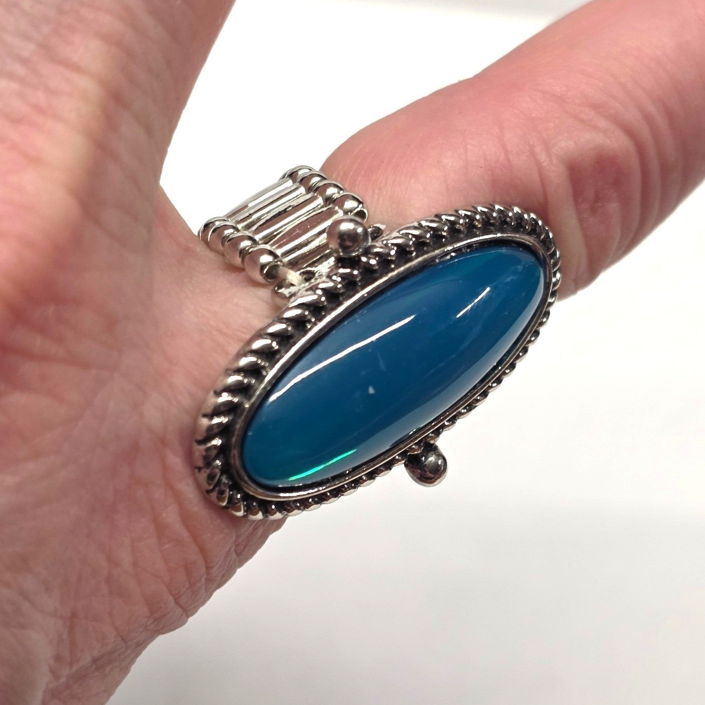 New Blue Green Moonstone 1.5" Oval Ring Plus Size Blue Silver Tone Stretchy Band