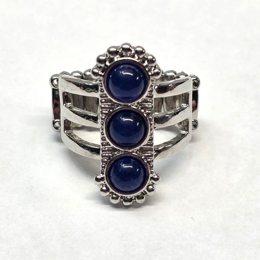 New Ring Blue Silver Tone Stretch Band Beaded 3 Cabochon Stones Statement
