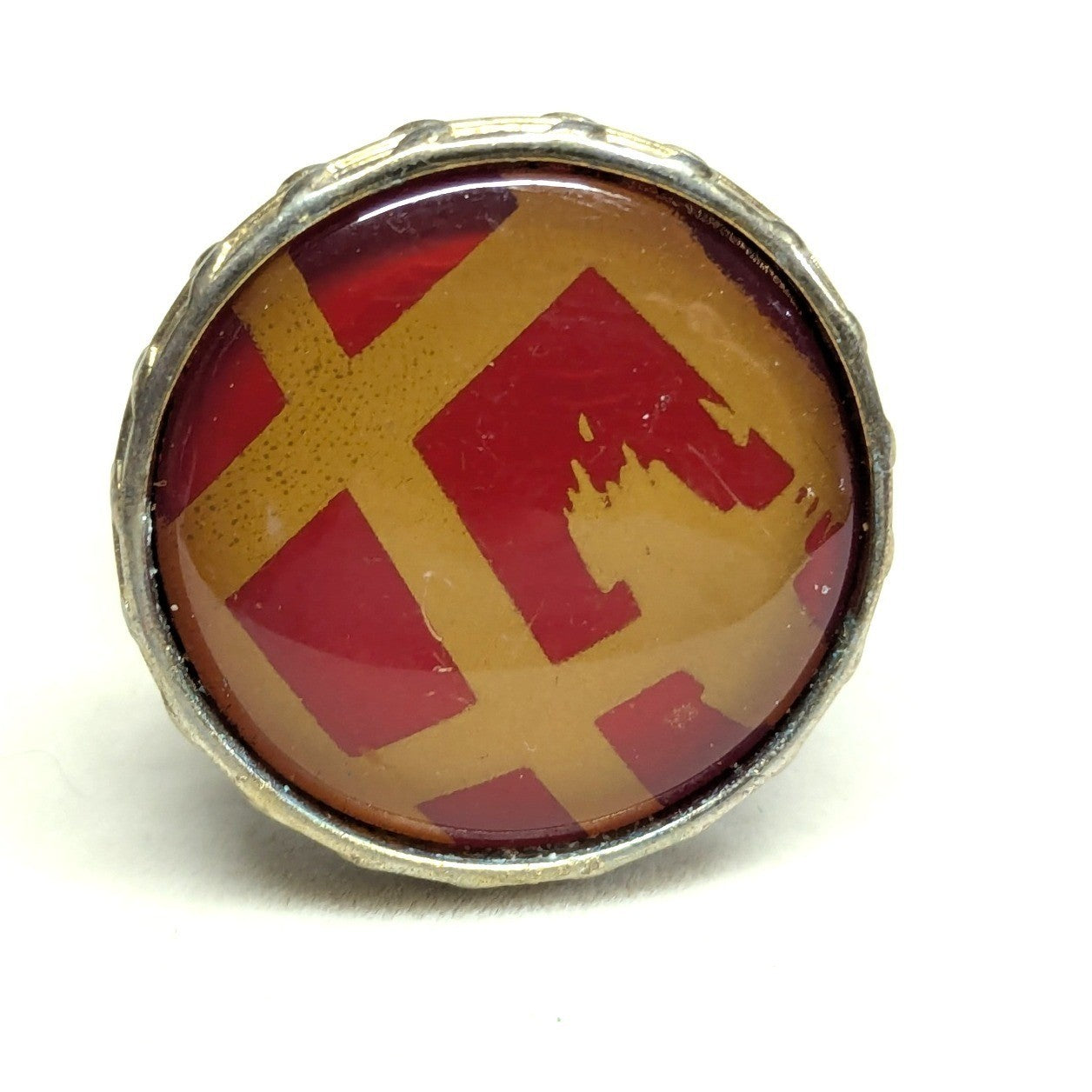 Vintage Geometric Glass Cabochon Cocktail Stretch Ring Red Gold Tone Band Round