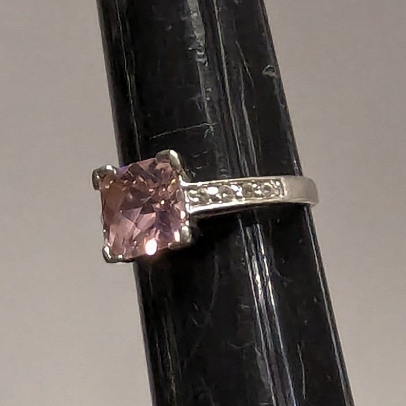 Sterling Silver 925 Pink Stone Ring Size 6.5 Square Cut Faceted Clear Rhinestone