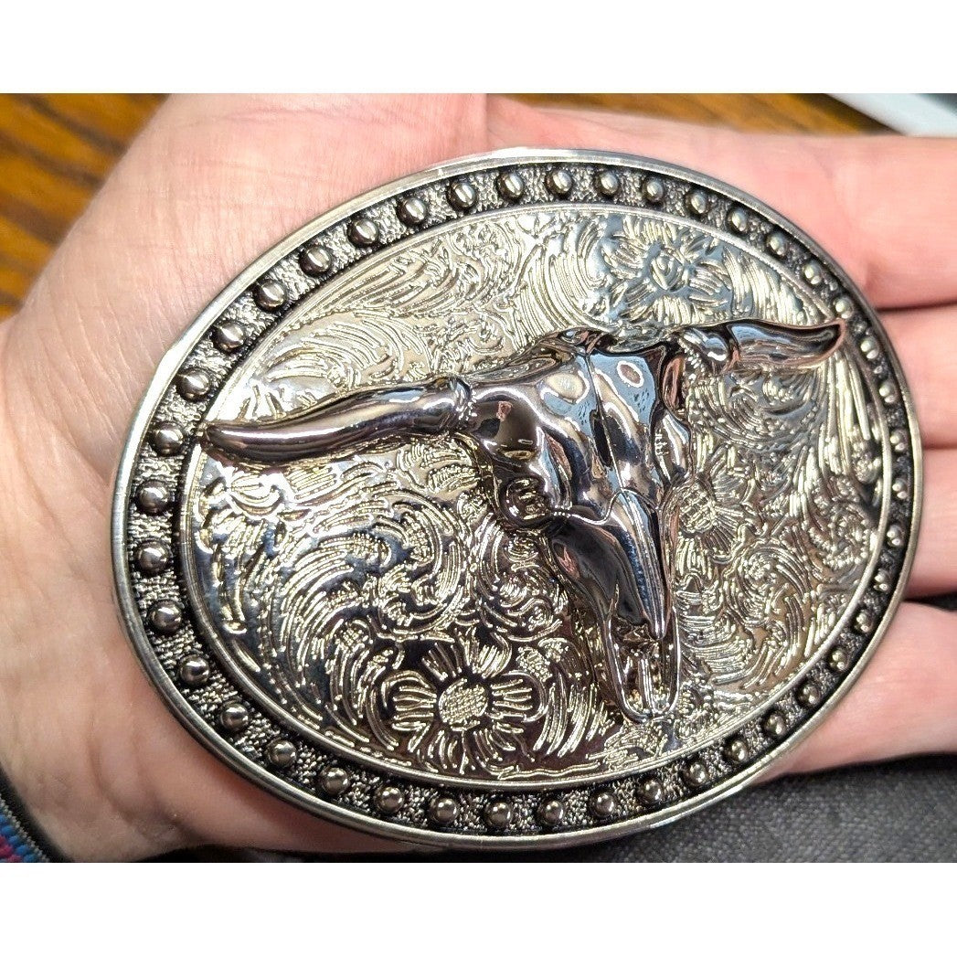 New Western Longhorn Bull Skull Belt Buckle SilverTone Oval Floral Western Rodeo