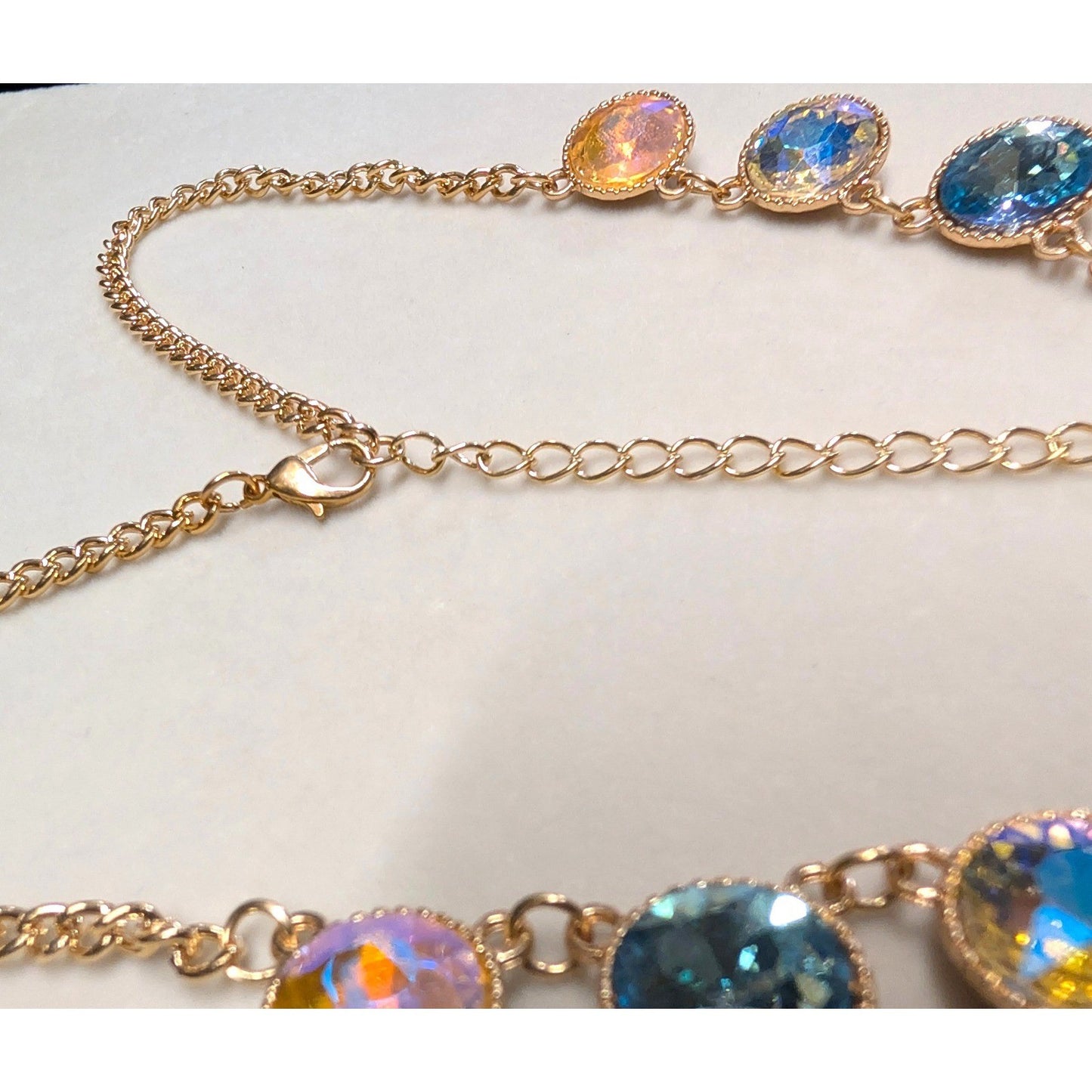 Statement 20" Necklace GoldTone Iridescent Blue Crystal AB Aurora Borealis