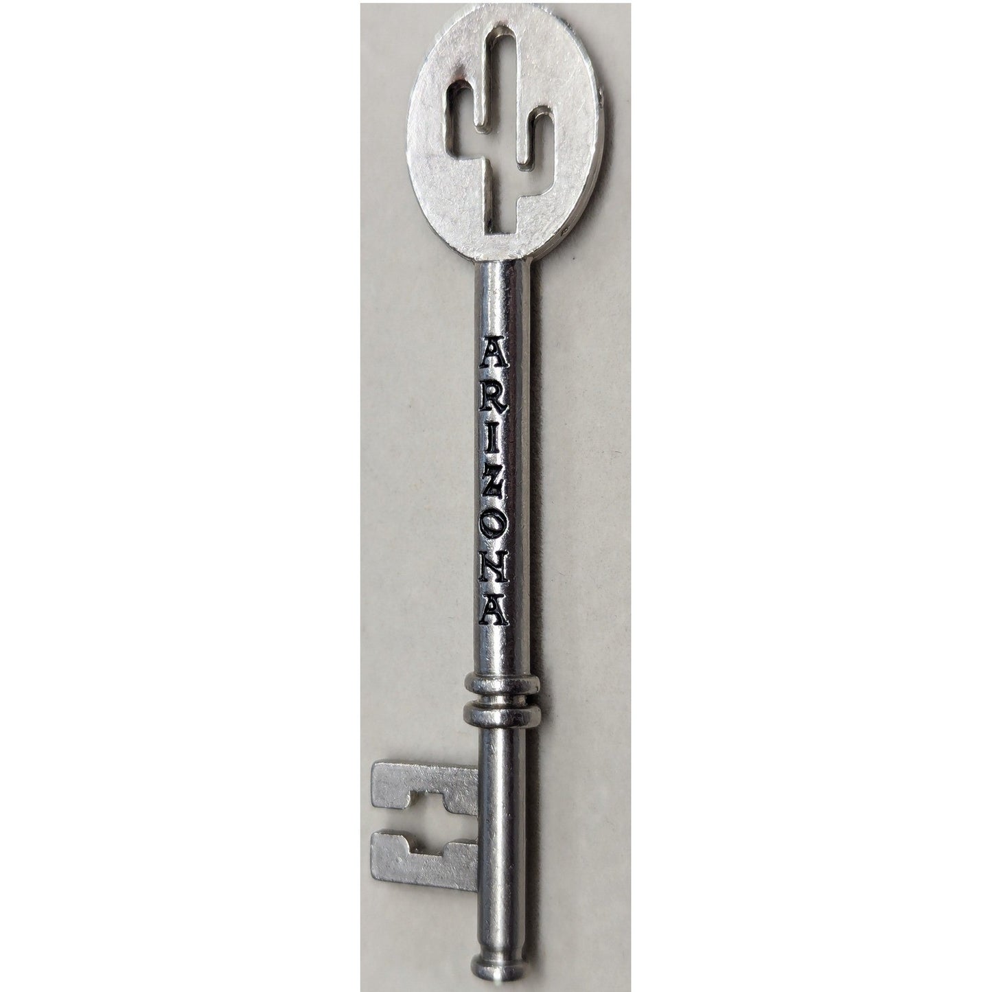 Vtg Arizona Souvenir Skeleton Key Charm Pendant SilverTone Cactus Cutout Metal