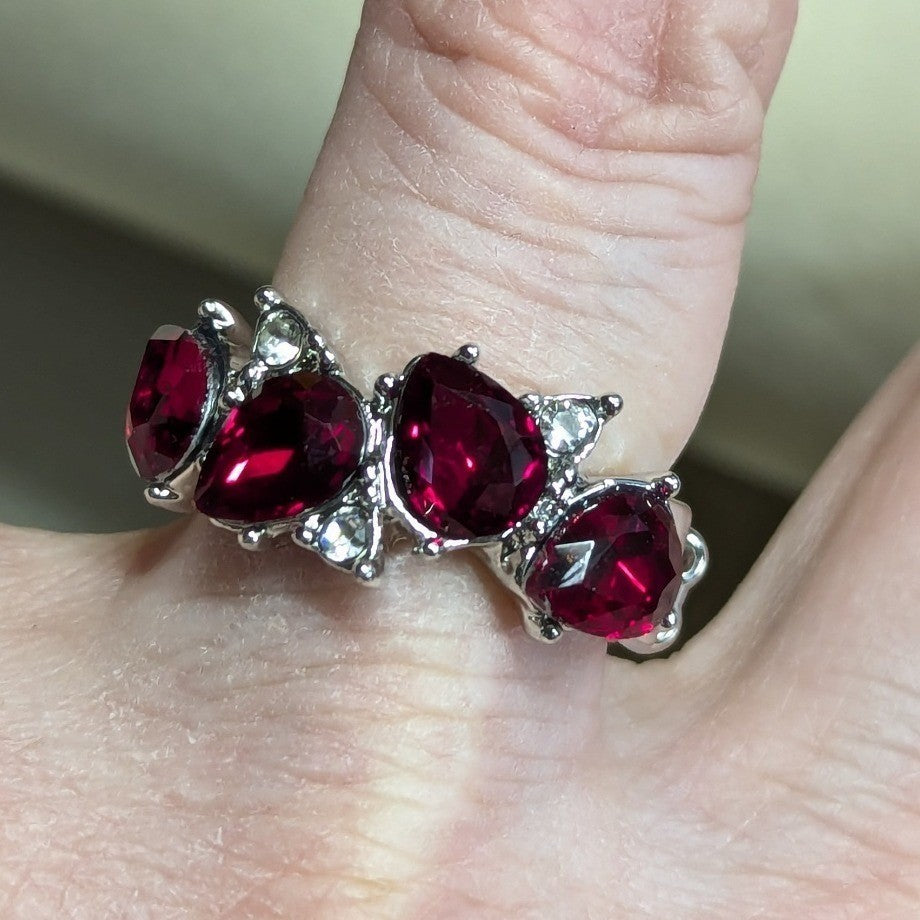New Red Clear Rhinestone Stretch Ring Silvertone Pear Cut Teardrop Plus Size