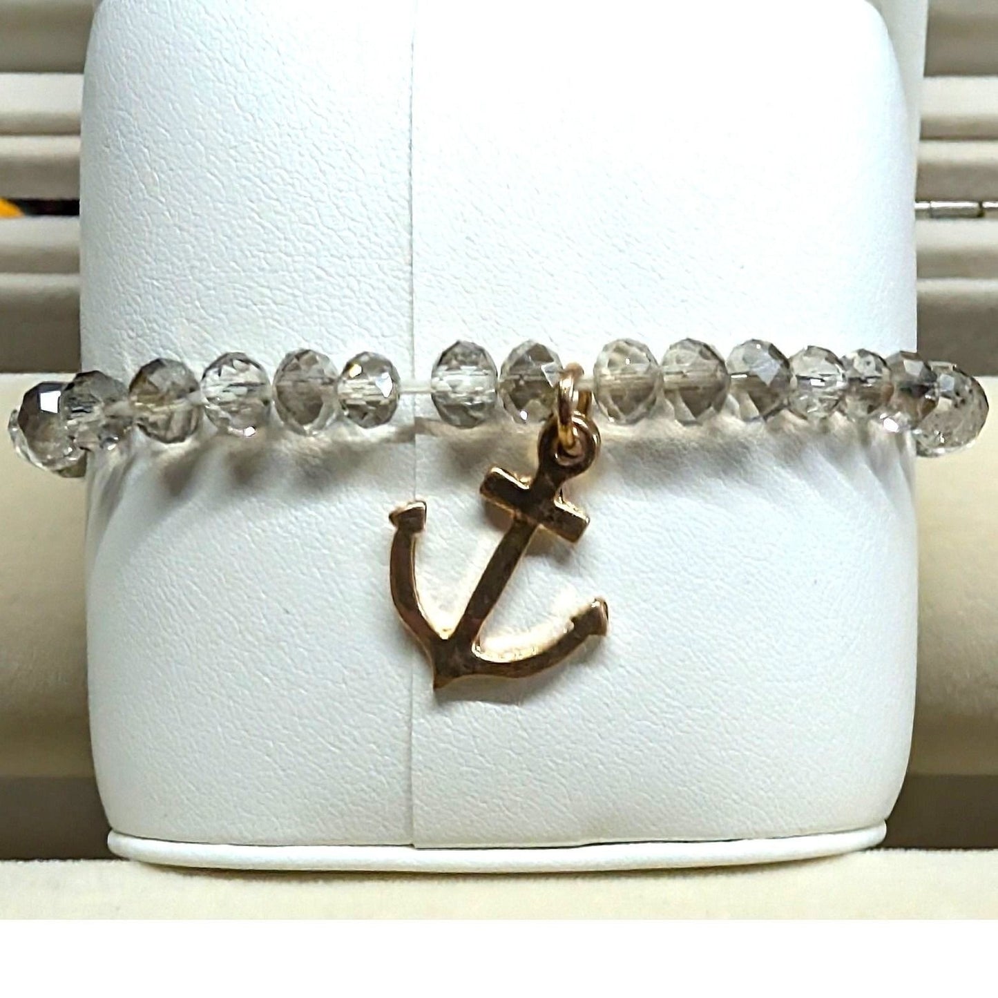 Anchor Charm Beaded Stretch Bracelet Clear Gray Gold Silver Nautical Coastal