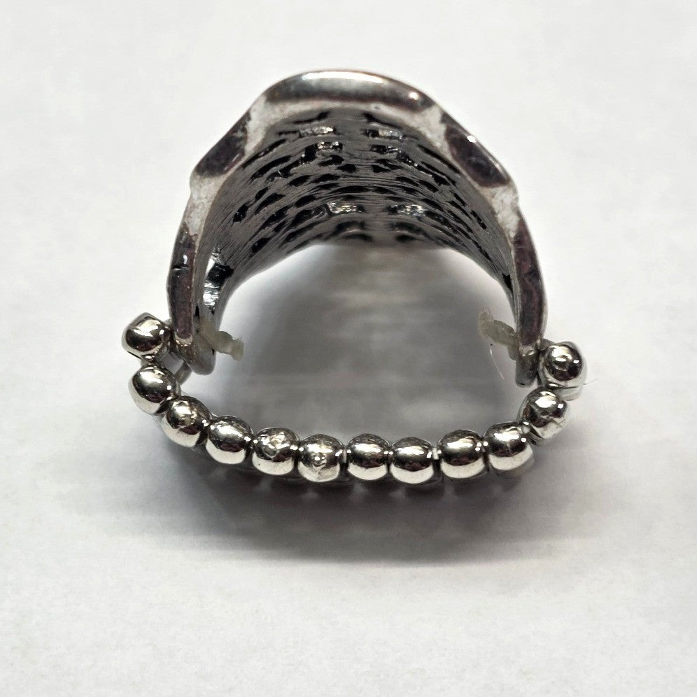 New Filigree Cross Shield Ring Silver Tone Yellow Rhinestone Stretch Band Chunky