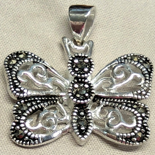 Vintage Sterling Silver Butterfly Pendant Marked HI CW Marcasite Filigree Charm