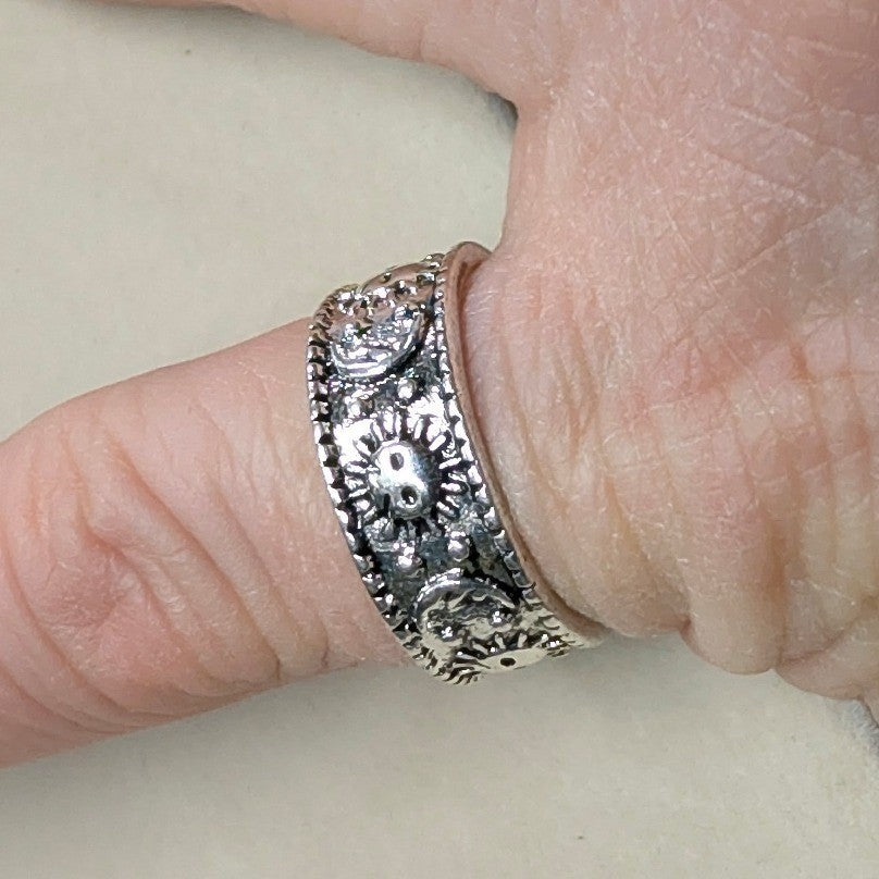 New Sun Moon Stars Celestial Band Ring Unisex Size 7 SilverTone Boho Mystic Wide