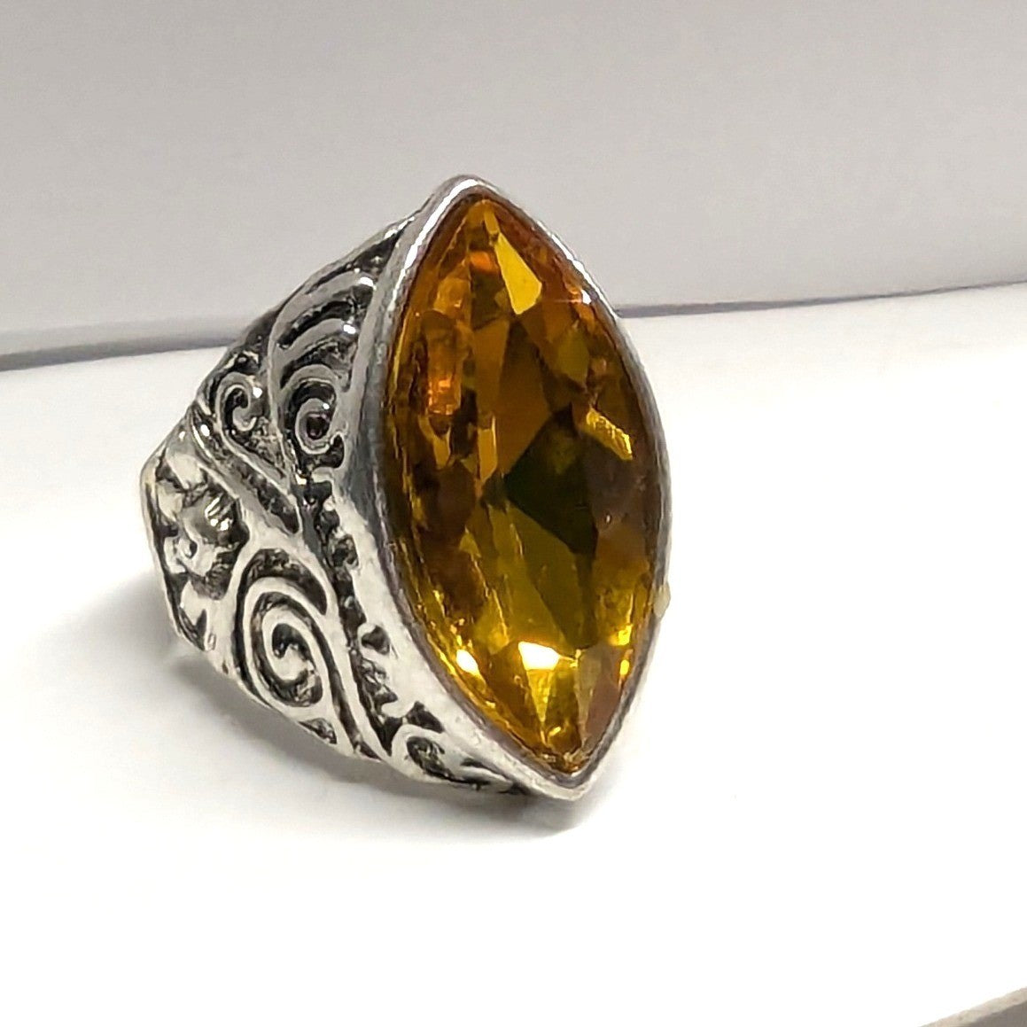 SilverTone Marquise Faceted Yellow Citrine November Statement Ring Plus Size 11