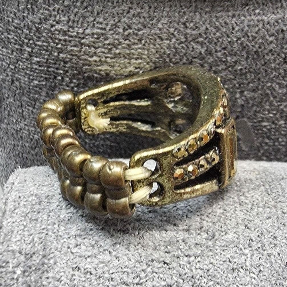 New Statement Stretch Band Ring Brass Smoky Topaz Color Rhinestones Multibar