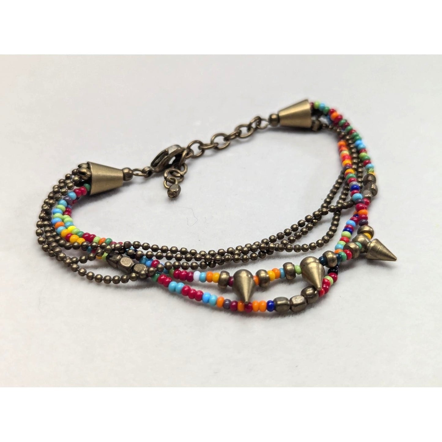 Vtg Beaded Multi Strand Spike Bracelet Multicolor Bronze Tone Boho Punk Beads