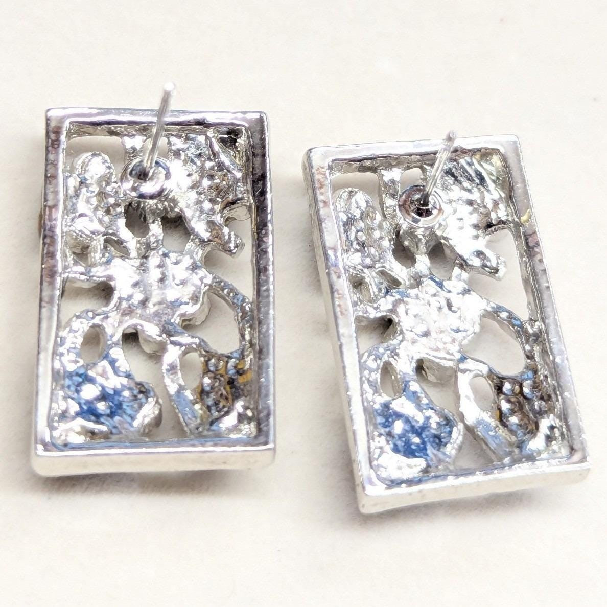 Vintage Filigree Floral Stud Earrings Blue Silvertone Rhinestones Rectangle