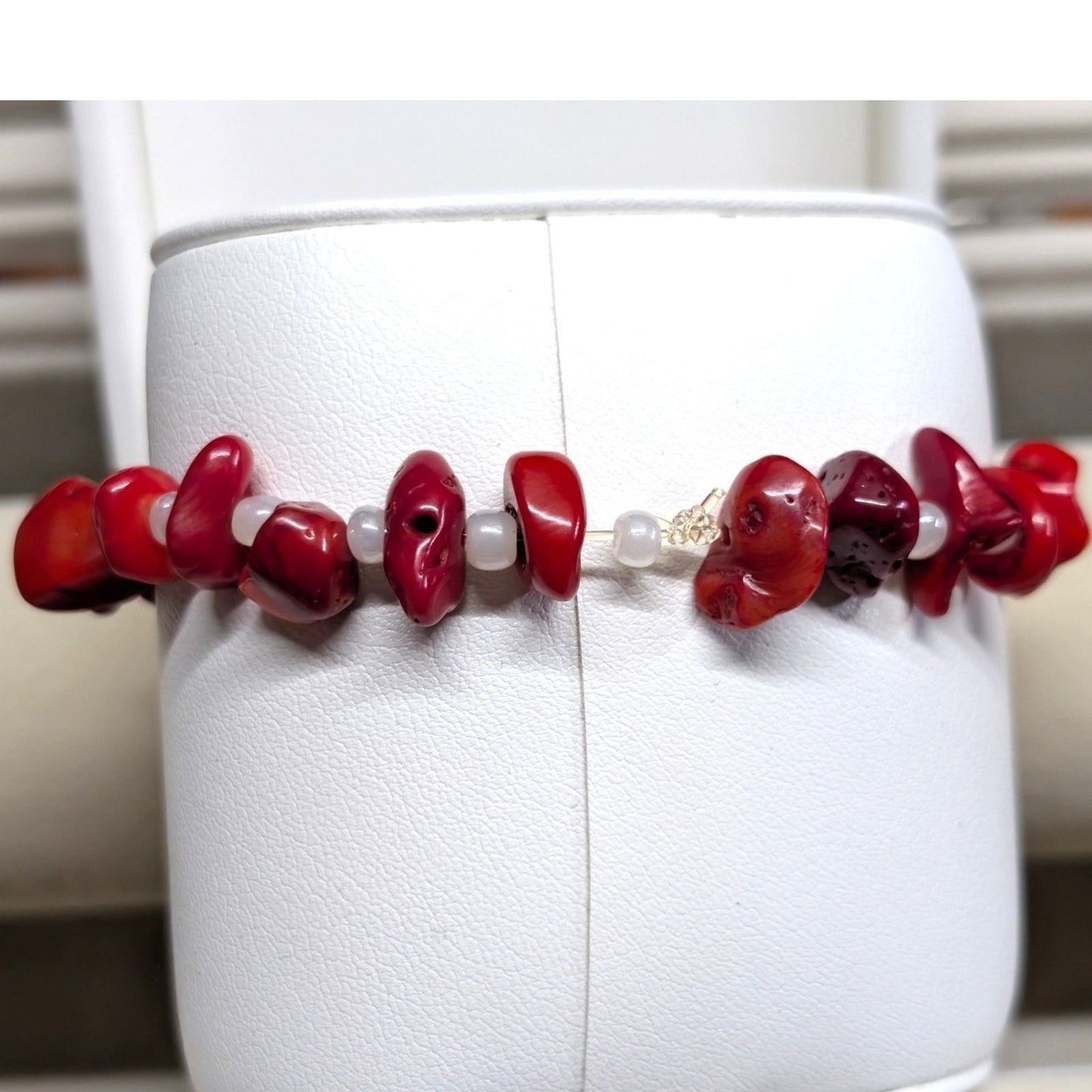 Red Coral ? Nugget Beaded Stretch Bracelet Boho Organic Natural Stone White Bead