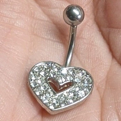 Heart Belly Button Ring SilverTone Clear Rhinestones Curved Barbell Navel