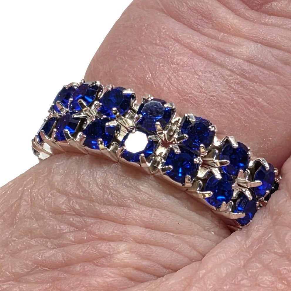 New Blue Rhinestone Stretch Ring Band Two Rows Silver Tone Crystal