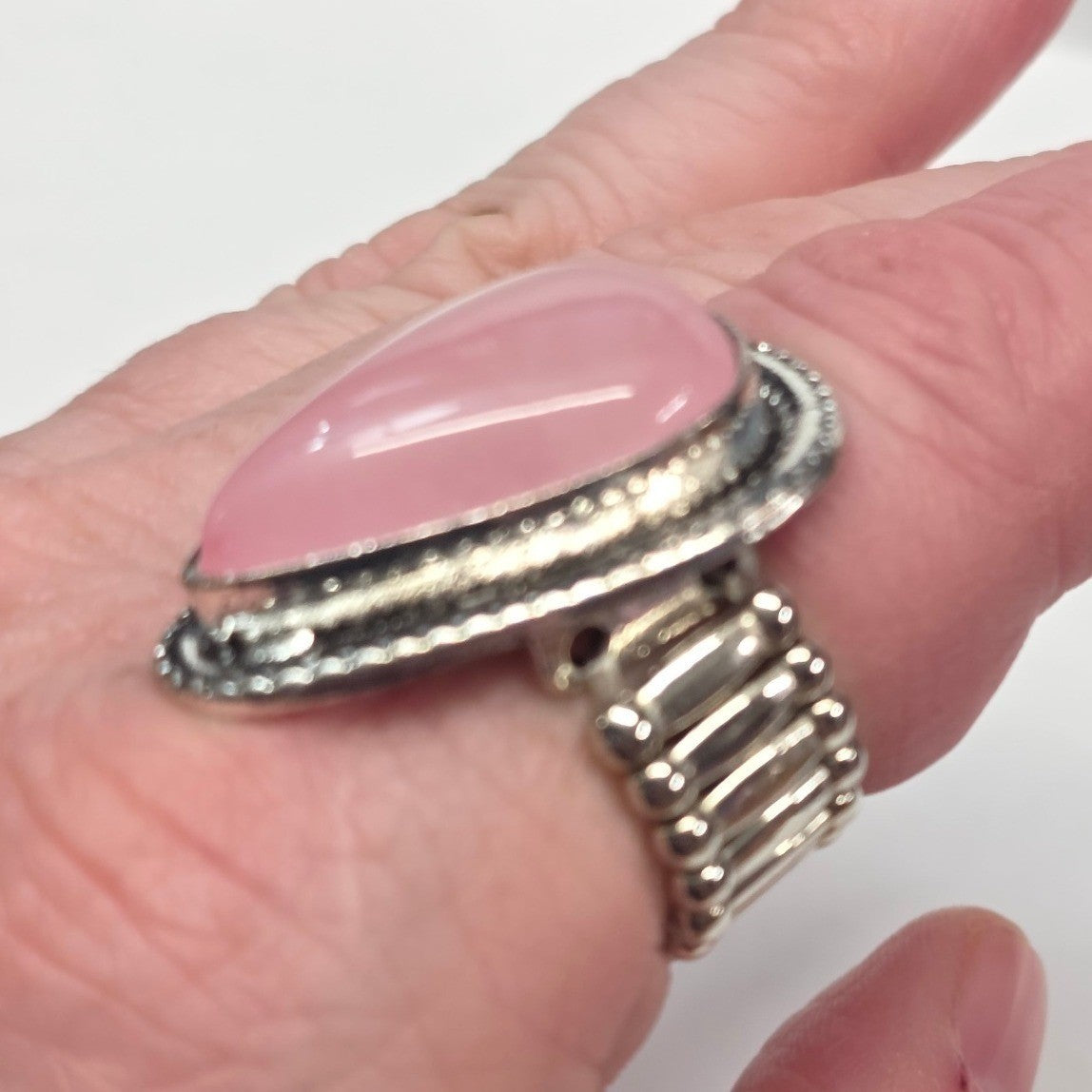 New Cold Pink Tear Drop Pear Stone Statement Ring Silver Tone Stretch Band OSFM
